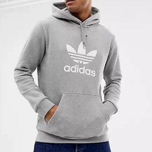Adidas Originals Trefoil Pullover Fleece Hoodie Men’s M Gray White Sweatshirt